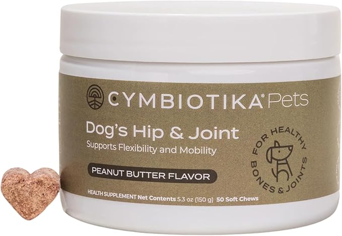 CYMBIOTIKA Dog Hip & Joint Support Supplement, Cod Liver Oil and MSM Supplement for Dog Bone Health Support, Omega Rich Chewy Treats for Small to Large Breed Dogs, Peanut Butter Flavor, 50 Chews