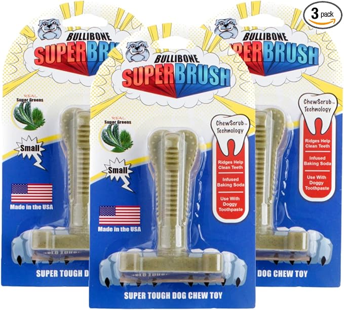 Bullibone SuperBrush: Dog Teeth Cleaning Brushing Toothbrush Stick - Long Lasting Nylon Super Greens Chew Toy for Oral Care and Dental Health