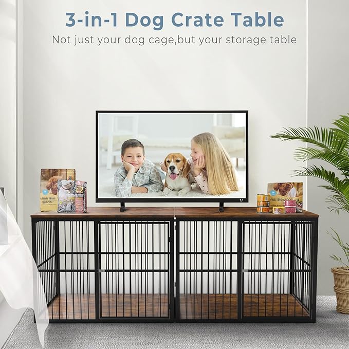 86.62''Dog Crate Furniture Large Breed TV Stand with Double Rooms,Wooden Dog Kennel Dog Crate End Table with Removable Divider for Large Medium Dogs, Can Use Separately, Brown