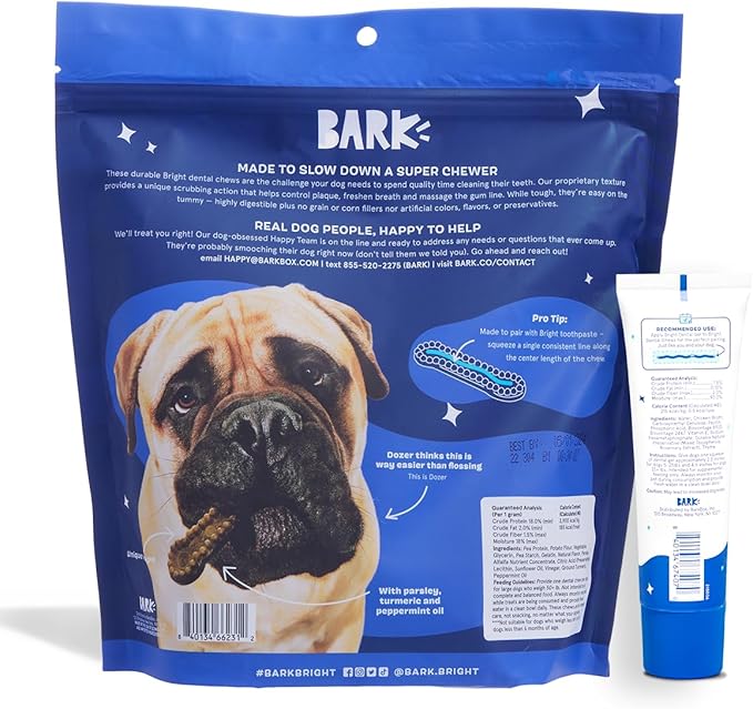Bark Bright Durable Dental Chews Kit - Dog Tooth Brushing Treatment with Teeth Cleaning Chew Sticks & Toothpaste - Plaque & Tartar Remover for Cleaner Teeth & Fresh Breath - Large Breeds - 15 Chews