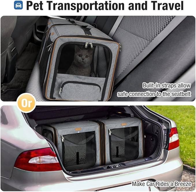 Lekereise 2-in-1 Cat, Dog Carrier for Small Medium Large Pets up to 35 Lbs, (17.7"*2)*16.5"*13" Car Travel Carrier with Litter Box, Bowl, and Locking Zipper - Dark Gray