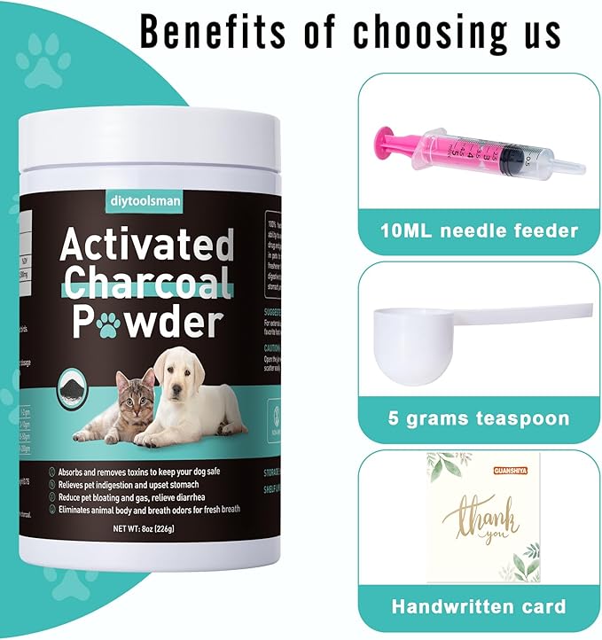 Activated Charcoal for Dogs, 8oz Powder Detox and Digestive Aid, for Poisoning Treatment, Gas Relief & Liver Support, Safe for All Pets, Non-GMO, Gluten-Free
