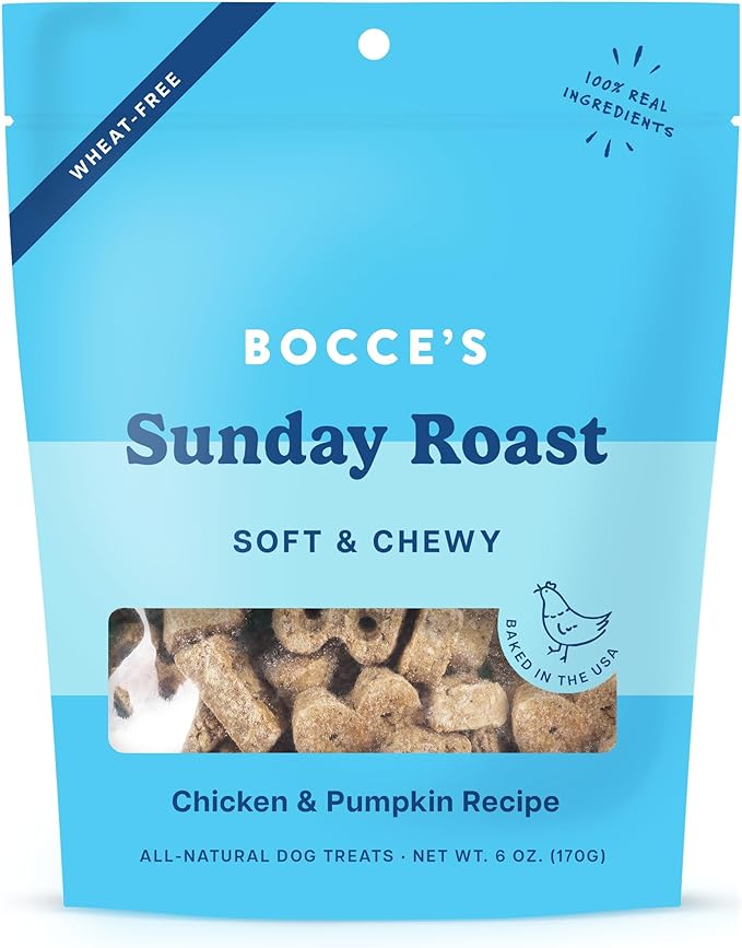 Bocce's Bakery Oven Baked Sunday Roast Treats for Dogs, Wheat-Free Everyday Dog Treats, Made with Real Ingredients, Baked in The USA, All-Natural Soft & Chewy Cookies, Chicken & Pumpkin Recipe, 6 oz