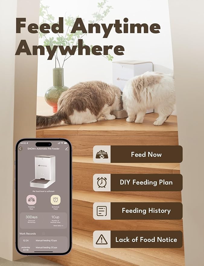 SNOW+ Automatic Cat Feeder, Wi-Fi Enabled Automatic Cat Food Dispenser with APP Control, 4L Automatic Dog Feeder with Dual Power Supply, 1-10 Meal Per Day