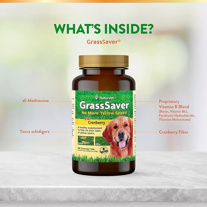 NaturVet – GrassSaver Supplement for Dogs – Healthy Supplement to Help Rid Your Lawn of Yellow Spots – Synergistic Combination of B-Complex Vitamins & Amino Acids – 500 Tablets