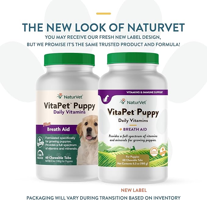 NaturVet VitaPet Puppy Daily Vitamins Plus Breath Aid for Puppies, 60 ct Time Release, Chewable Tablets, Made in The USA with Globally Source Ingredients