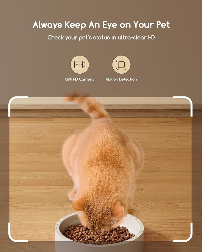 Faroro Automatic Cat Feeder with Camera, 3MP HD Video with Night Vision, 2.4G WiFi Cat Feeder with APP Control, 2-Way Audio, Low Food Sensor, Motion Alerts for Cats and Dogs