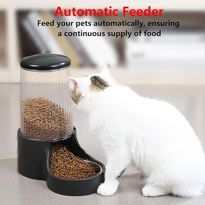 Automatic Cat Feeder, 3.8L Large Automatic Cat Feeders Gravity Cat Food Dispenser with Detachable Top Lid, Visible Bottle and Stainless Steel Bowl for Cat, Dog and Pet (Black)