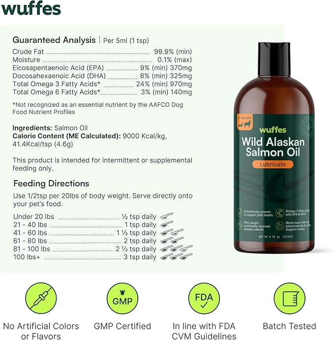 Wuffes Wild Alaskan Salmon Oil for Dogs - Natural EPA & DHA Fatty Acids and Omega 3 for Canines, Healthy Skin and Coat, Joint Support, Reduced Allergic Response - 100% Pure Fish Oil for Pets - 8 oz