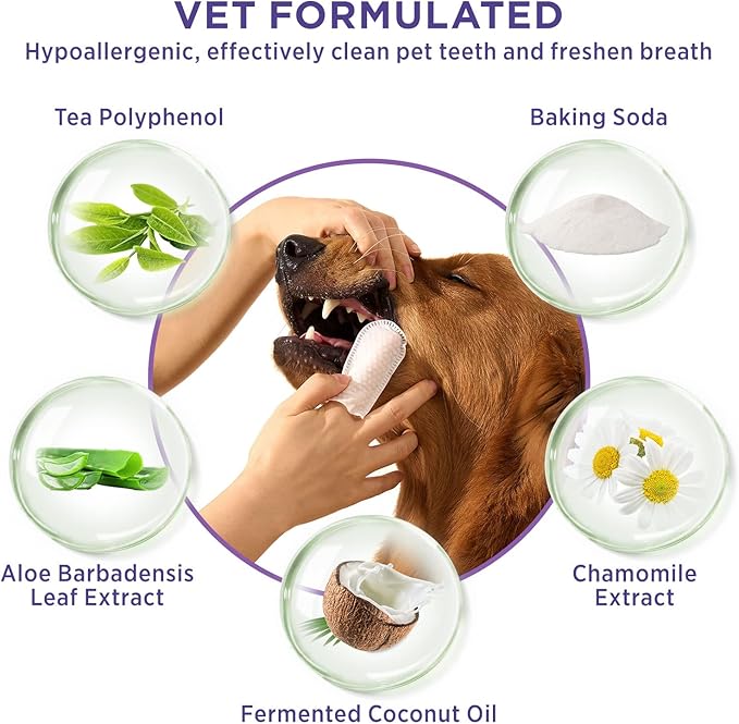 HICC PET Teeth Cleaning Wipes for Dogs & Cats, Remove Bad Breath by Removing Plaque and Tartar Buildup No-Rinse Dog Finger Toothbrush, Disposable Gentle Cleaning & Gum Care Pet Wipes, 100 Counts