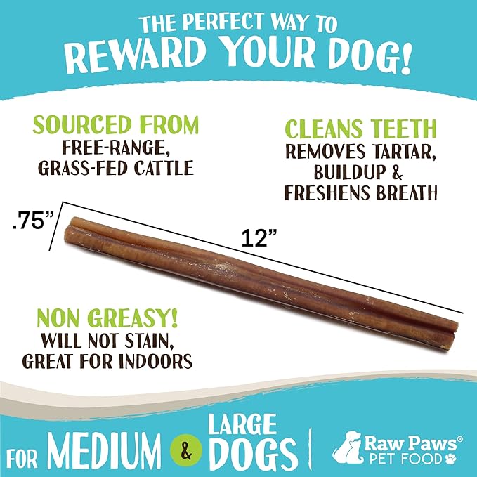 Raw Paws Jumbo Bully Sticks for Dogs, 12 inch, 5-ct - Extra Large Bully Sticks for Dogs - Free Range Cows no added Hormones, Pizzle Sticks for Dogs, Long Lasting Bully Bones for Aggressive Chewers