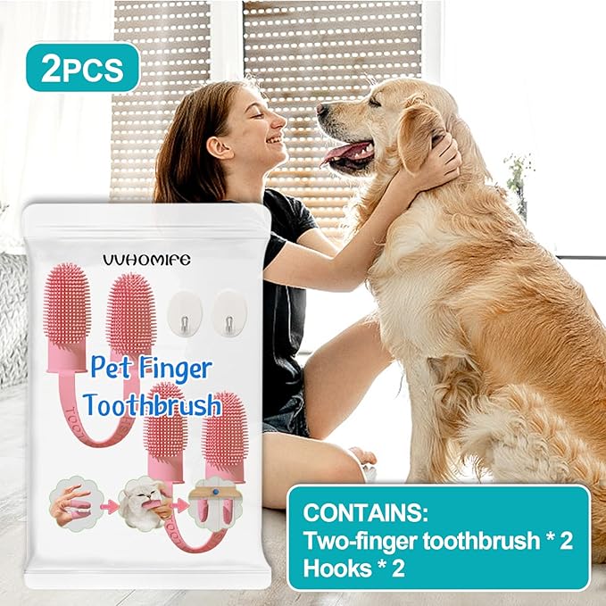 Two Finger Toothbrush for Dogs, Cat Toothbrush Two Finger, Double Cleaning Strength, Double The Efficiency, Efficient Teeth Cleaning, Ergonomic, Ring Bristle, Easier to Use. (2-pcs, pink)