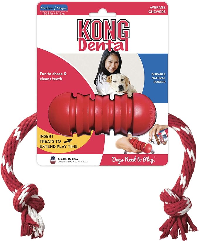 KONG Dental with Rope- for Dog Dental Care - Stuffable Chew Toy - Provides Chewing Outlet & Satisfies Instinctual Needs - Cleans Teeth & Gums - Made with Durable Natural Rubber - for Medium Dogs