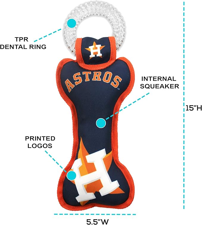 MLB Houston Astros Bone Shaped Dental Dog TUG Toy with Squeaker. Tough PET Toy for Healthy Fun, Teething, and Cleaning pet's Teeth and Gum.