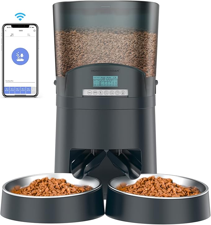 HoneyGuaridan Automatic Cat Feeders 2 Cats, 2.4G WiFi Smart Pet Feeder with APP Control for Cats and Dogs Dry Food Dispenser with 2 Stainless Steel Bowl, Desiccant Bag, 10s Voice Recorder (6.5L, Blue)
