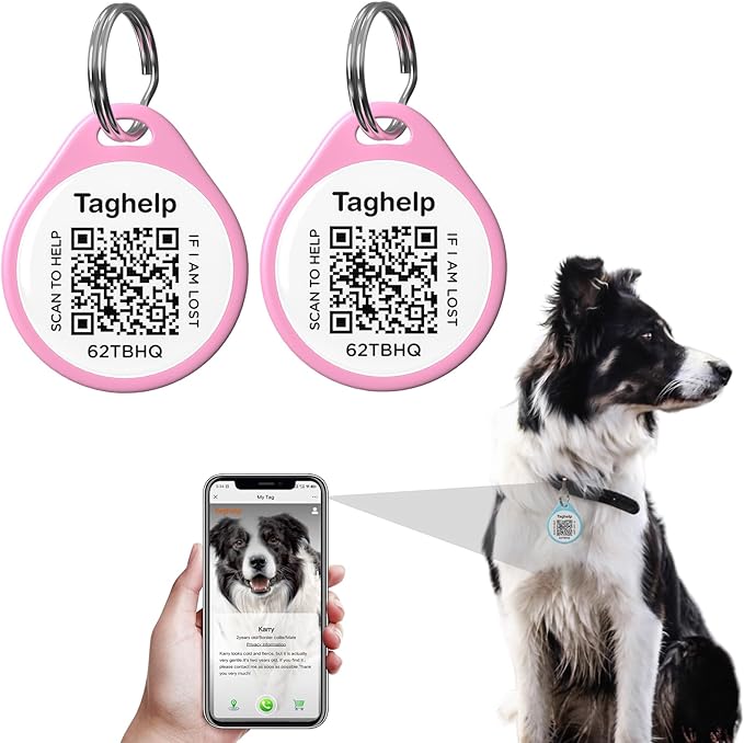 (2 Pack) QR Code Pet ID Dog cat Tags for Collar Personalized for Pet Online Profile - Scan QR Receive Instant Pet Location Alert Email, Anti-Lost,No Subscription fees (Pink & Pink, for Dog - 1.2")
