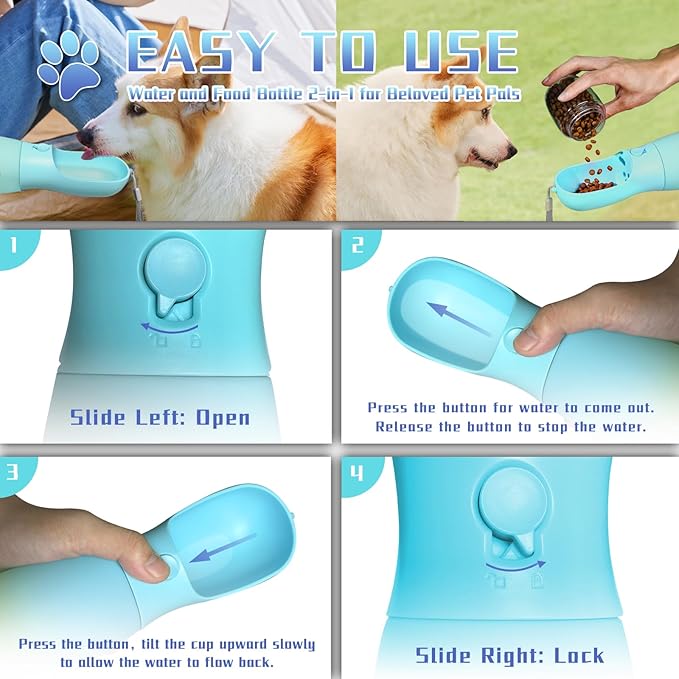 2-in-1 Portable Dog Water Bottle, Food Grade Travel Water Bottle for Dogs with Food Container, 19Oz Portable Dog Water Bowl Dispenser, Dog Birthday Gifts, Dog Accessories (Blue)