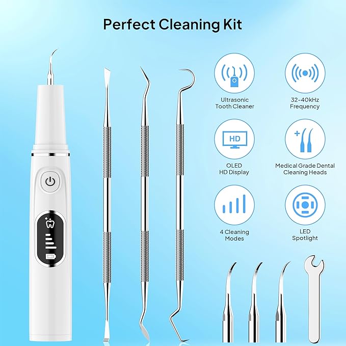 AAU Dog Plaque/Tartar Remover for Teeth - Rechargeable Safe Pets Ultrasonic OLED Screen Tooth Brushing Kit for Canine/Cat/Dog Teeth Cleaning, with Canident Dog Tartar Remover, 3 Replacement Heads