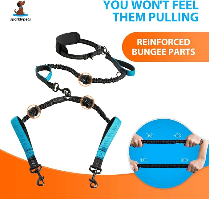 SparklyPets Hands Free Dual Dog Leash for Medium and Large Dogs - Padded Handles, Reflective Stitches, No Pull, Tangle Free Blue