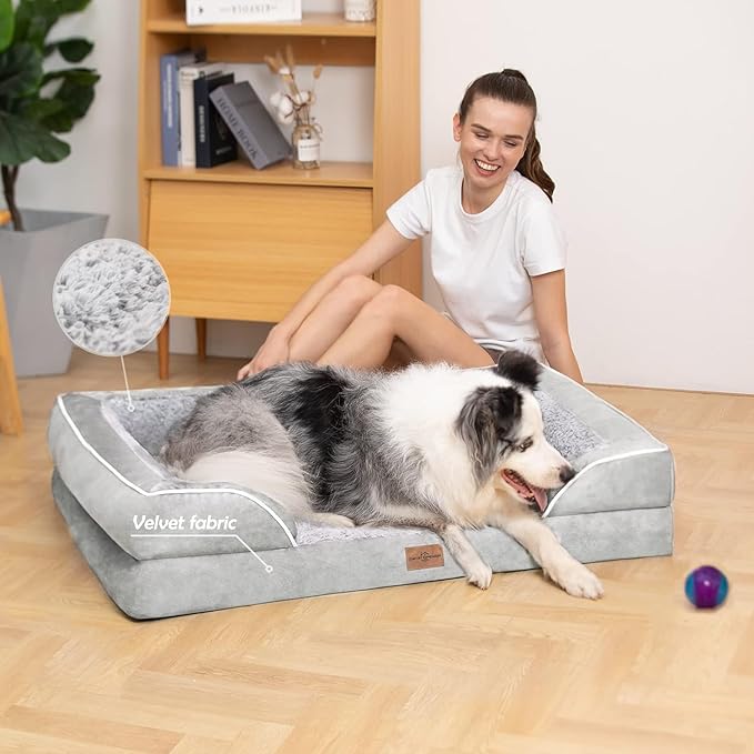Memory Foam Cooling Dog Bed, Orthopedic Dog Beds for Extra Large Dogs, XL Dog Bed with Removable Cover, Waterproof Pet Bed Large with Bolster(X-large,Light Grey)