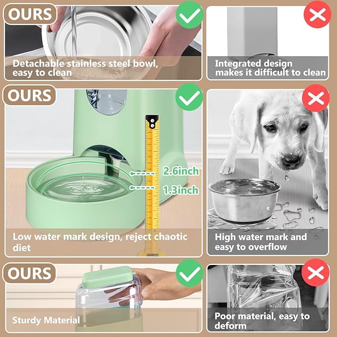 2 Pack Automatic Cat Feeder and Water Dispenser with Stainless Steel Dog Bowl Gravity Self Feeding for Small Medium Pets Puppy Kitten 1 Gallon x 2 (Pink) (green)