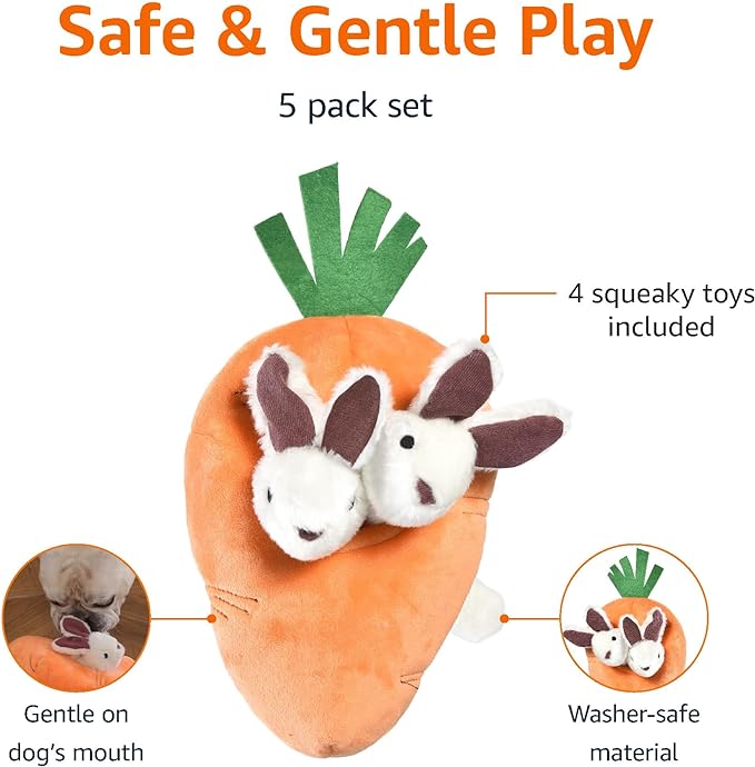 Amazon Basics Hide and Seek Squeaky Dog Plush Toy, Rabbit and Carrot, Orange and white, 5 Pack
