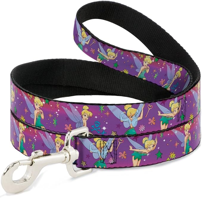 Buckle-Down Pet Leash - Tinker Bell Poses/Flowers/Stars/Skull Purple - 6 Feet Long - 1/2" Wide