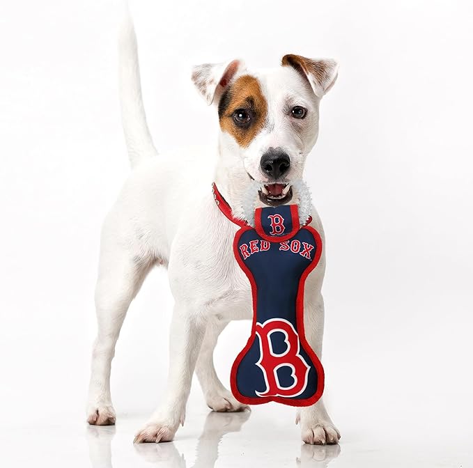 MLB Boston Red Sox Bone Shaped Dental Dog TUG Toy with Squeaker. Tough PET Toy for Healthy Fun, Teething, and Cleaning pet's Teeth and Gum.