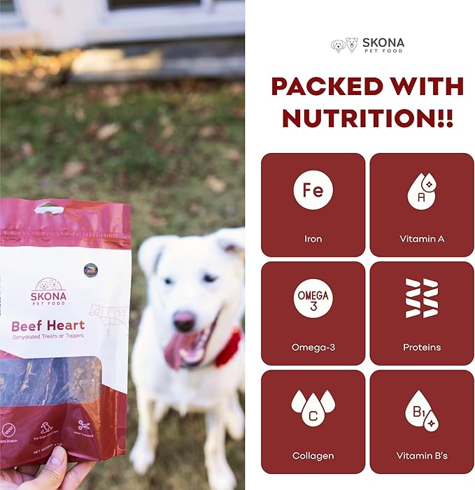 Skona Single-Ingredient Beef Heart Jerky | Treats for Dogs & Cats (4oz) | Healthy, Grain-Free, USA Made | Promotes Digestion, Dental Care, Taurine Boost