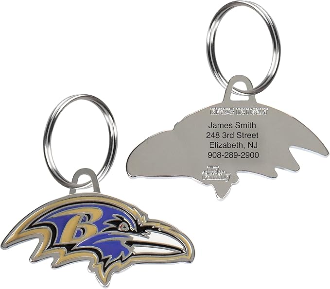 NFL Baltimore Ravens Engraving Pet ID Tags in 32 Team Logo Shapes Personalized Dog Tags and Cat Tags with 3 Lines of Customizable Text for Tracking & Safety. Stainless Steel Pet ID Tracking Tags