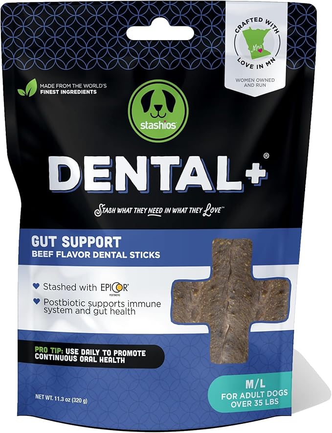 Dental+ Sticks for Dogs Over 35 lbs- Gut Support, with Beef Bone Broth, All Natural, EpiCor postbiotic, Made in The USA, Dental+ Bag, M/L - 11.3 oz.