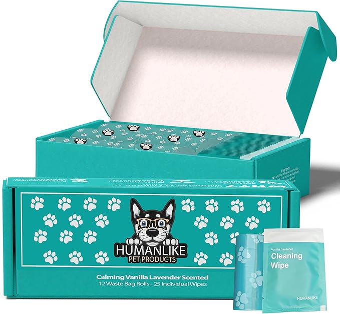 Vanilla Lavender Scent 180 Dog Poop Bags Rolls (12 rolls) & 25 Individual Pet Wipes - 2 in 1 Calming Cleaning Kit for Pet Owners, Cat Litter, Dog Leash, Pet Supplies, Puppy Pads.