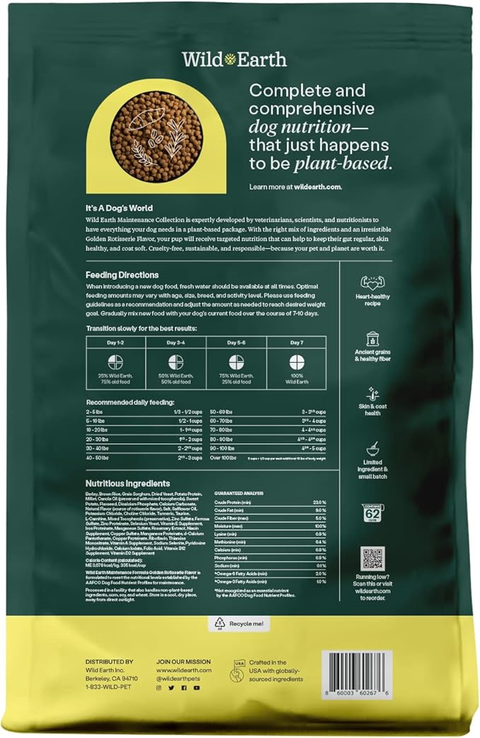 Wild Earth Vegan Dry Dog Food | Plant-Based Maintenance Formula | Vegetarian, Allergy Relief, Veterinarian-Developed for Complete Nutrition | Golden Rotisserie Flavor, 12.5 Pound Bag