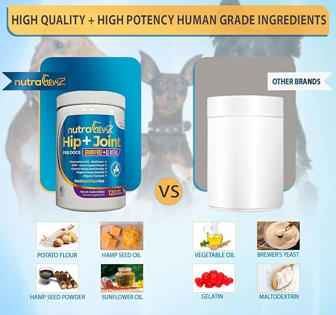 Grain Free Hip & Joint Supplement for Dogs with Organic Hemp Oil, Glucosamine Chondroitin, Turmeric, MSM, Green Lipped Mussel for Arthritis, Pain Relief, Mobility All Natural - 120 Chews