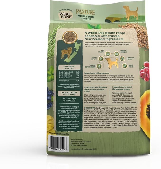 Wishbone Pasture New Zealand Lamb Dry Dog Food, Gluten-Free, Grain-Free Formula for Overall Pet Health - 4 lb