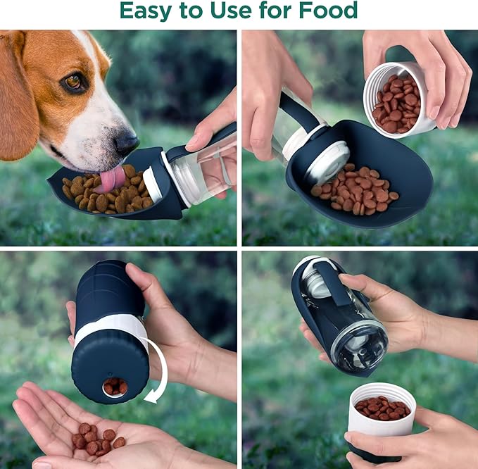 Dog Water Bottle, Pet Water Bottle with Food Container and Drinking Feeder, Leak Proof, BPA-Free, Portable Foldable Puppy Water cup Dispenser for Outdoor Walking, Travel, Small Dark Blue