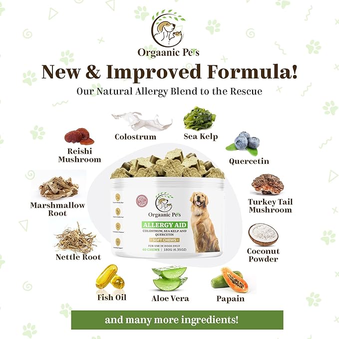 DOG ALLERGY RELIEF with SEA KELP - COLOSTRUM - QUERCETIN - MUSHROOMS - OMEGA + 11 NATURAL ALLERGY RELIEF HERBS - SOFT CHEWS for Skin & Seasonal Allergies