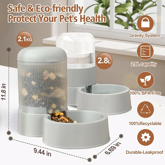 Gravity Cat Feeder with 2.8L Capacity, BPA Free, Eco-Friendly, Food Grade Materials, Big Mouth Design, Siphon Device for Water Dispenser