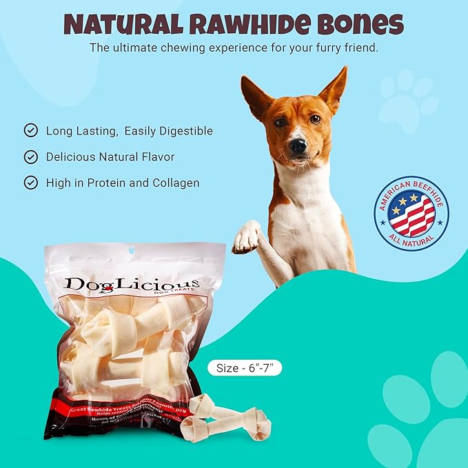 Natural Rawhide Bones for Dogs, Long Lasting Dog Chews, White Knotted Bones Chew Treats 6”-7” (Pack of 5) (50860)