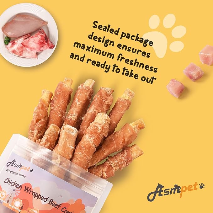 ASMPET Chicken Wrapped Beef Cartilage Dog Treats, Long Lasting High Calcium Chewy Dog Soft Bone, Non-Rawhide Puppy Treat Twist Sticks Rich in Protein for Small, Medium & Large Dogs