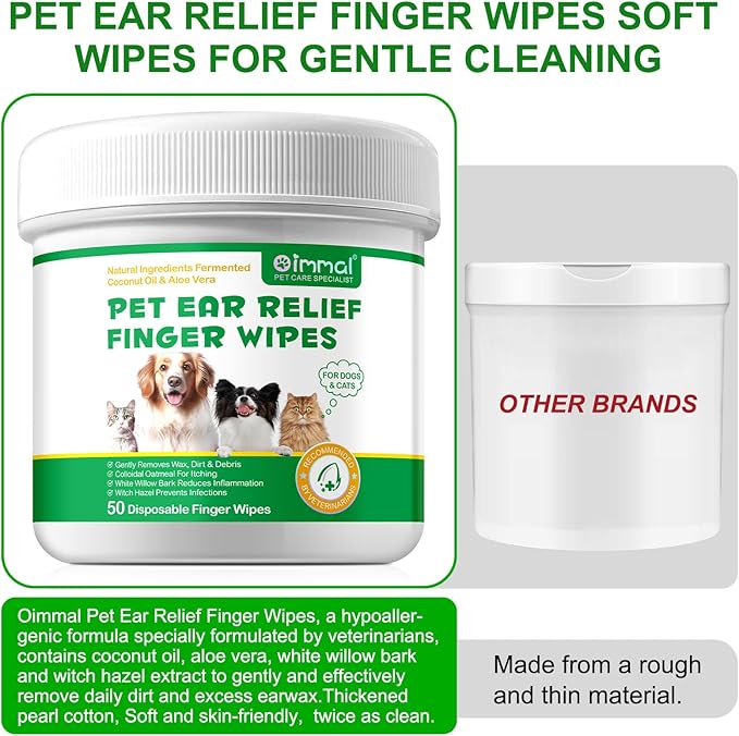 Finger Ear Wipes for Dogs 50 Counts, Ear Finger Wipes for Dogs & Cats, Dog Ear Wipes, Clean Earwax & Dirt, Soothing Odor, Pet Ear Cleaning Pads, Gently Non-Irritating