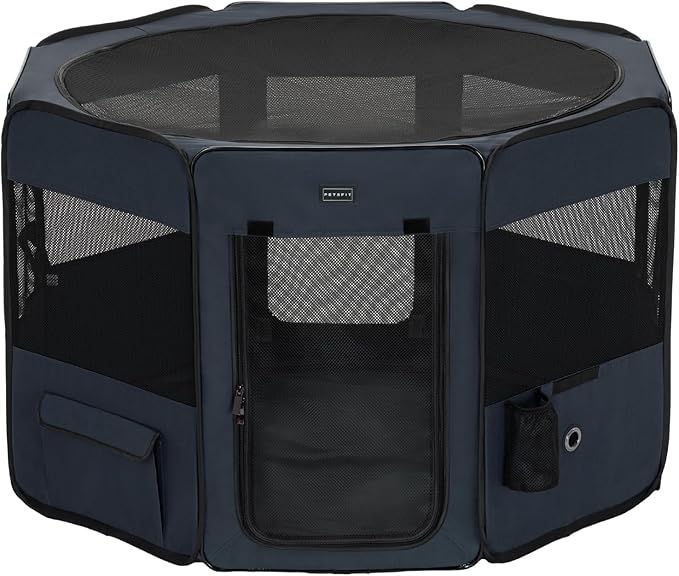 PETSFIT Dog Playpen, 36" Sturdy Pop Up Dog Kennel Foldable Dog Pen Indoor Outdoor Puppy Playpen for Medium Dogs Cats with Traveling Bag Zipper Sealed Removable Mesh Top Leakproof Bottom Mat Blue M