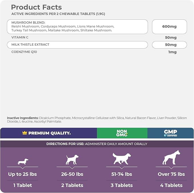 Mushroom Complex for Dogs - 120 Chewable Tablets - Turkey Tail Mushroom for Dogs - Immune Support, Joint Support, Digestive Support and Liver Support with Milk Thistle - Dog Mushroom Supplement