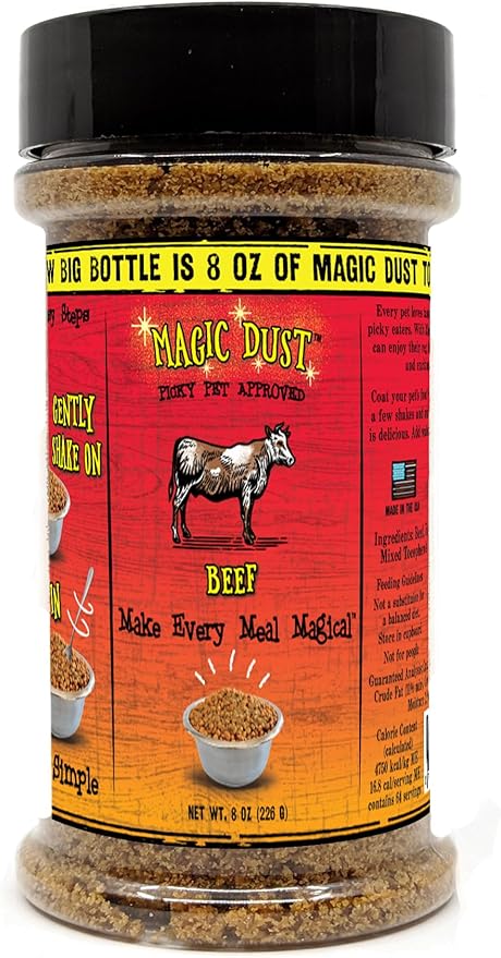 Wild Meadow Farms - Magic Dust Beef Jerky Topper, Single Protein Pet Food Topper for Dogs & Cats, Enhance Flavor & Elevate Mealtime Excitement for Picky Eaters - 8 Ounce Bottle in Beef Flavor