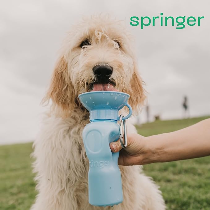 Springer Dog Water Bottle | Portable Travel Water Bottle Dispenser for Dogs - As Seen on Shark Tank | Patented, Leak-Proof Bottles Fill Bowl with Water - Ideal for Walking | BPA-Free 22oz Blue