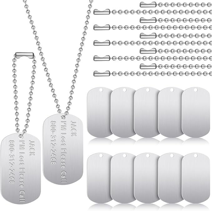 20 Pieces Military Dog Tags Set Including 10 Stainless Steel Army Blank Dog Tag 10 Steel Chain Personalized Pets Tags Oval Pendant Necklace for Stamping Engraving DIY Craft(Silver)