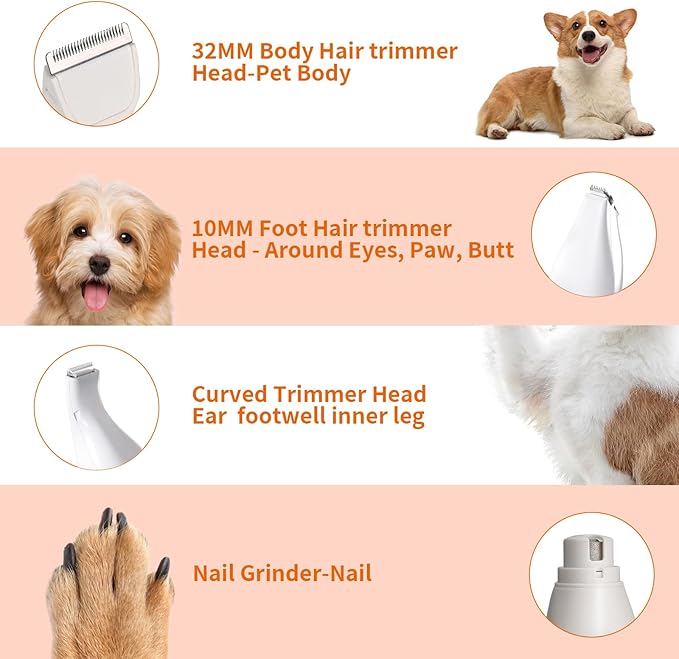 Dog Clippers Grooming Kit with Nail Grinder, 4-in-1 Low Noise Dog Clippers for Grooming, Cordless Dog Paw Trimmer, Washable Attachment Heads, Pet Hair Clippers for Small Dogs/Cats/Rabbit