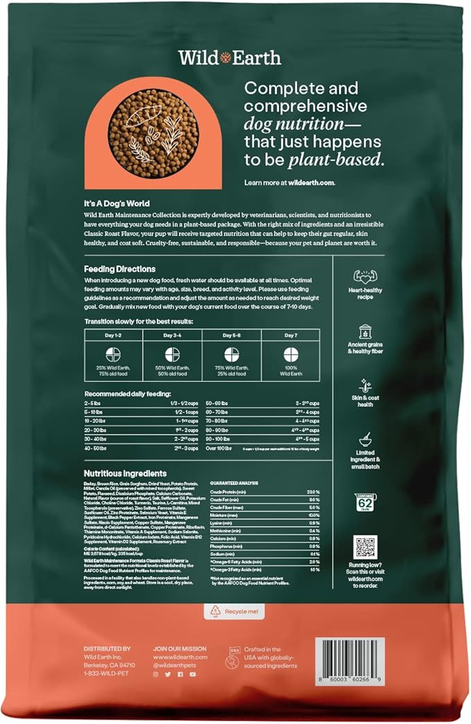 Wild Earth Vegan Dry Dog Food | Plant-Based Maintenance Formula | Vegetarian, Allergy Relief, Veterinarian-Developed for Complete Nutrition | Classic Roast Flavor, 12.5 Pound Bag