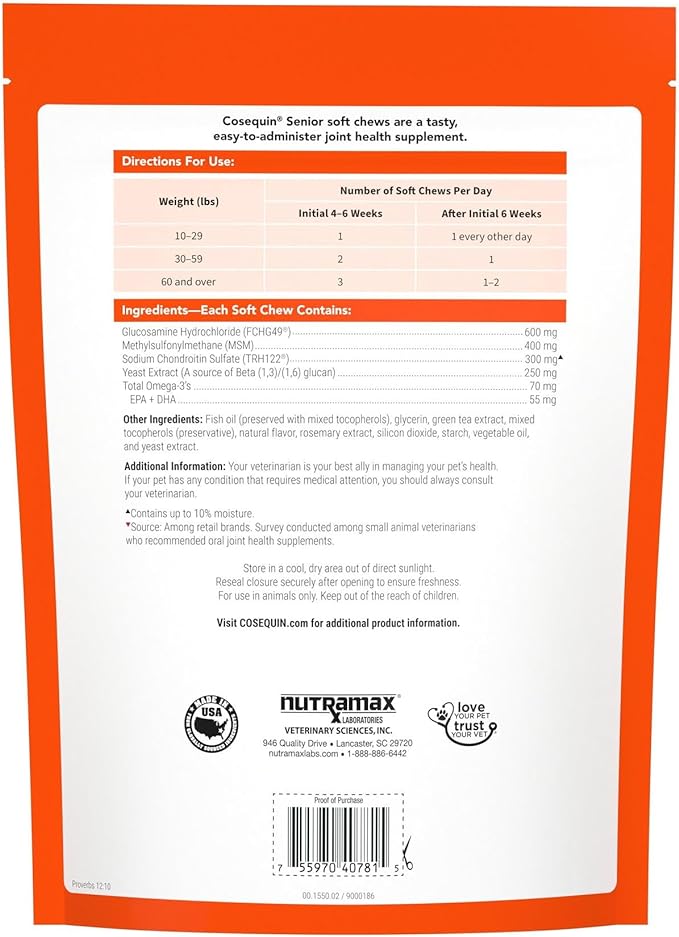 Cosequin Nutramax Senior Joint Health Supplement for Senior Dogs - with Glucosamine, Chondroitin, Omega-3 for Skin and Coat Health and Beta Glucans for Immune Support, 120 Soft Chews