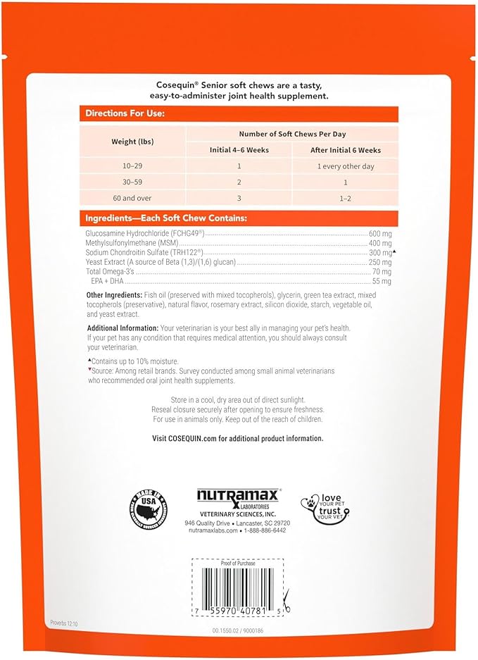 Cosequin Nutramax Senior Joint Health Supplement for Senior Dogs - with Glucosamine, Chondroitin, Omega-3 for Skin and Coat Health and Beta Glucans for Immune Support, 120 Soft Chews